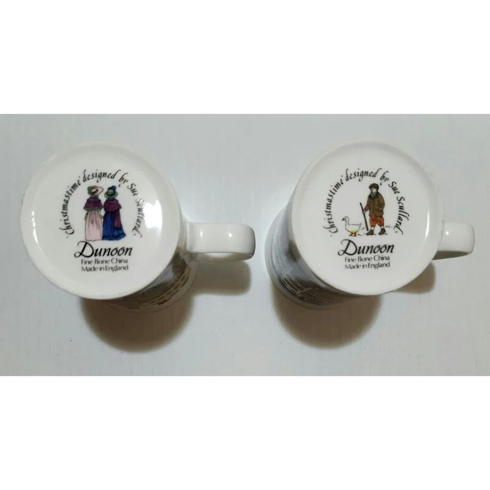 (2) Dunoon Bone China Mugs England Sue Scullard Christmas Time Carriage & Geese